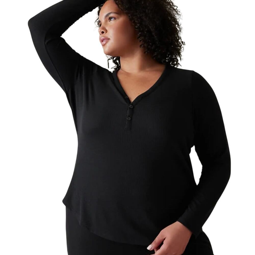 Athleta Lounge Top Size XL Black Waffle Knit Henley Soft Cozy Travel Layering